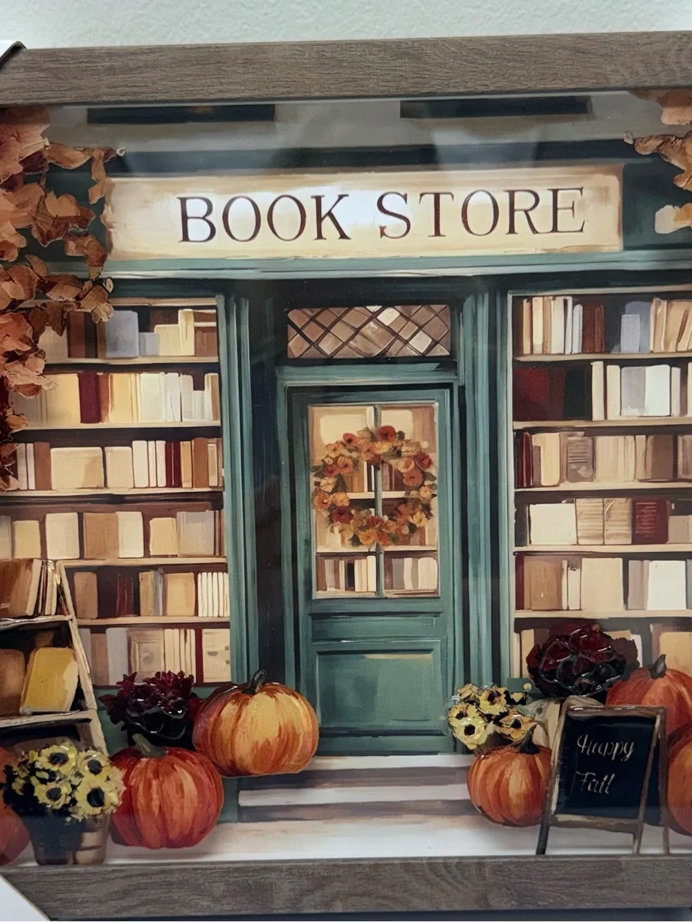 Hobby Lobby Framed Fall Bookstore Art - Green Door, Orange Pumpkins New! 2026